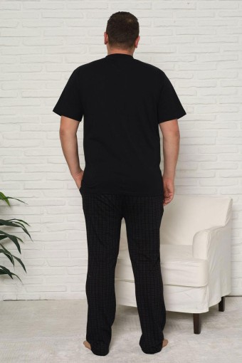PİJAMAN - Pijaman Erkek Pijama Takımı Büyük Beden Kısa Kollu Düğmeli Ekose Pamuklu - Siyah (1)