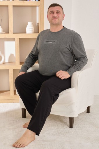 PİJAMAN - Pijaman Erkek Pijama Takımı Büyük Beden Uzun Kollu Bisiklet Yaka Pamuklu - Antrasit