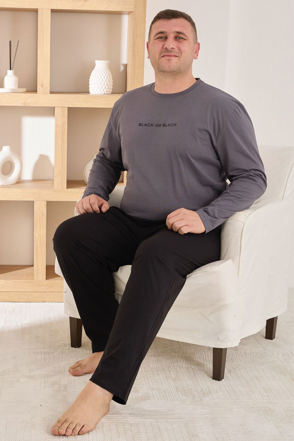 Pijaman Erkek Pijama Takımı Büyük Beden Uzun Kollu Bisiklet Yaka Pamuklu - Antrasit - Thumbnail