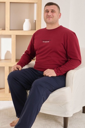 PİJAMAN - Pijaman Erkek Pijama Takımı Büyük Beden Uzun Kollu Bisiklet Yaka Pamuklu - Bordo