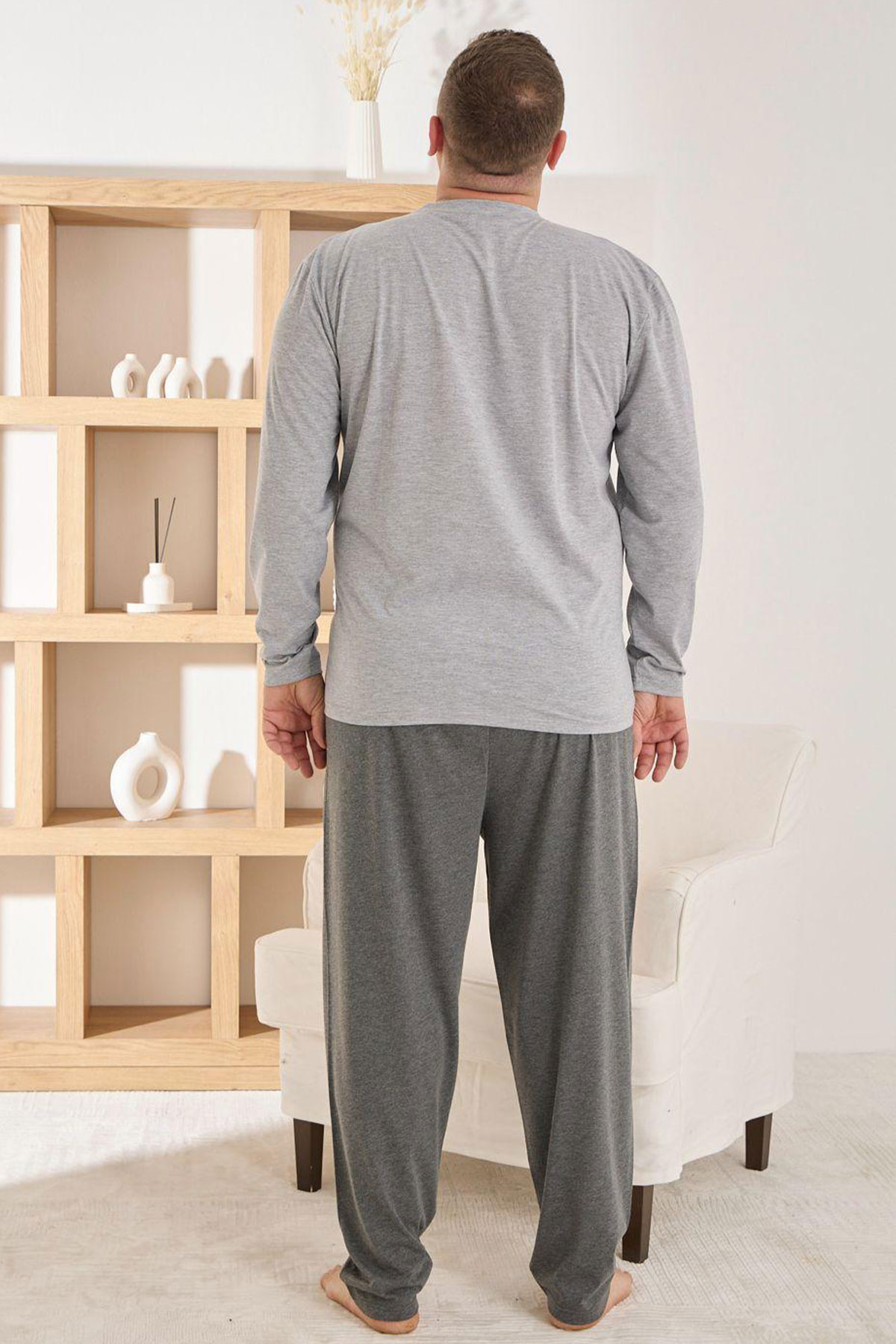 Pijaman Erkek Pijama Takımı Büyük Beden Uzun Kollu Bisiklet Yaka Pamuklu - Gri - Thumbnail