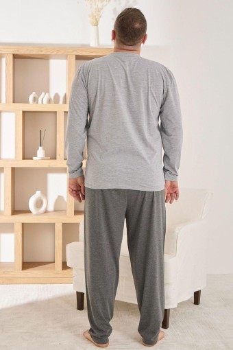 PİJAMAN - Pijaman Erkek Pijama Takımı Büyük Beden Uzun Kollu Bisiklet Yaka Pamuklu - Gri (1)