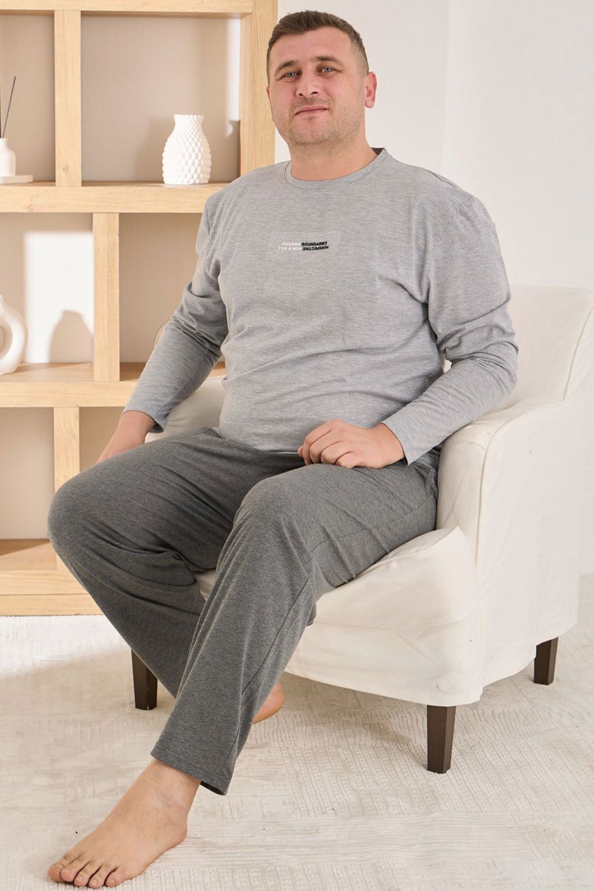 Pijaman Erkek Pijama Takımı Büyük Beden Uzun Kollu Bisiklet Yaka Pamuklu - Gri - Thumbnail