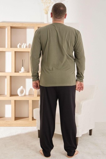 PİJAMAN - Pijaman Erkek Pijama Takımı Büyük Beden Uzun Kollu Bisiklet Yaka Pamuklu - Haki Yeşili (1)