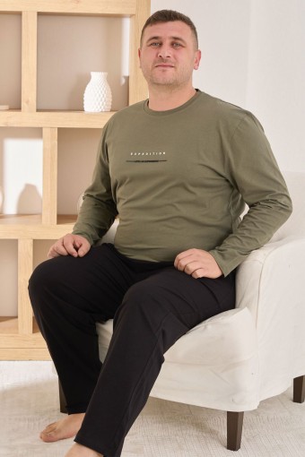 PİJAMAN - Pijaman Erkek Pijama Takımı Büyük Beden Uzun Kollu Bisiklet Yaka Pamuklu - Haki Yeşili