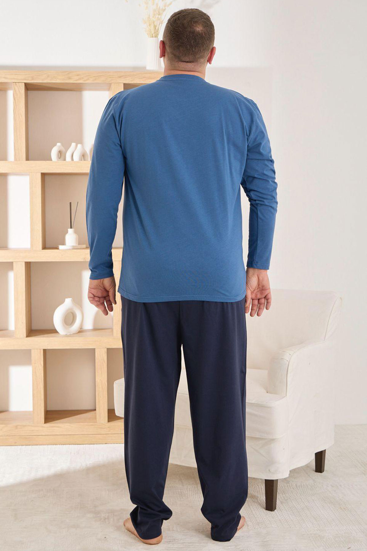 Pijaman Erkek Pijama Takımı Büyük Beden Uzun Kollu Bisiklet Yaka Pamuklu - İndigo - Thumbnail