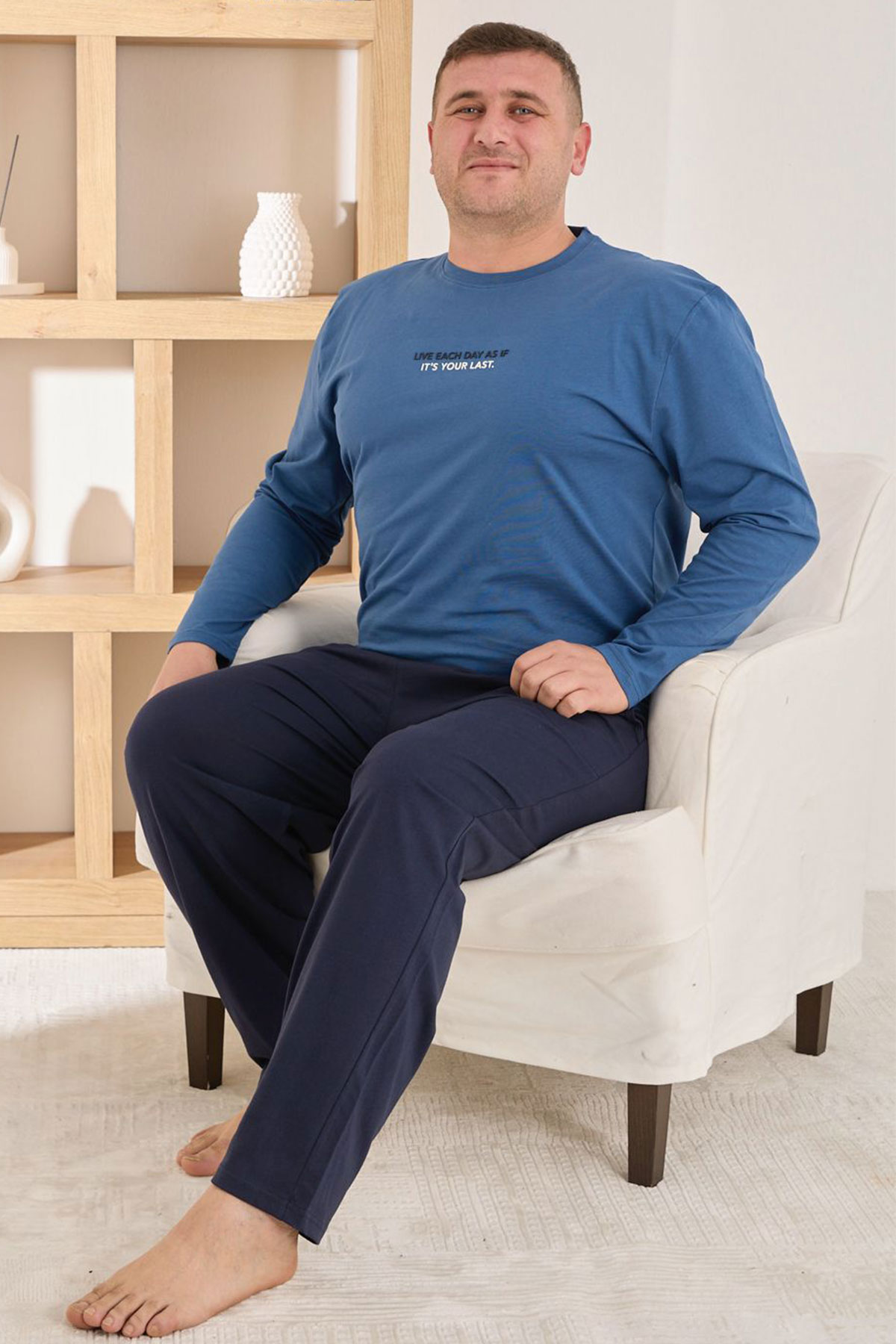 Pijaman Erkek Pijama Takımı Büyük Beden Uzun Kollu Bisiklet Yaka Pamuklu - İndigo - Thumbnail