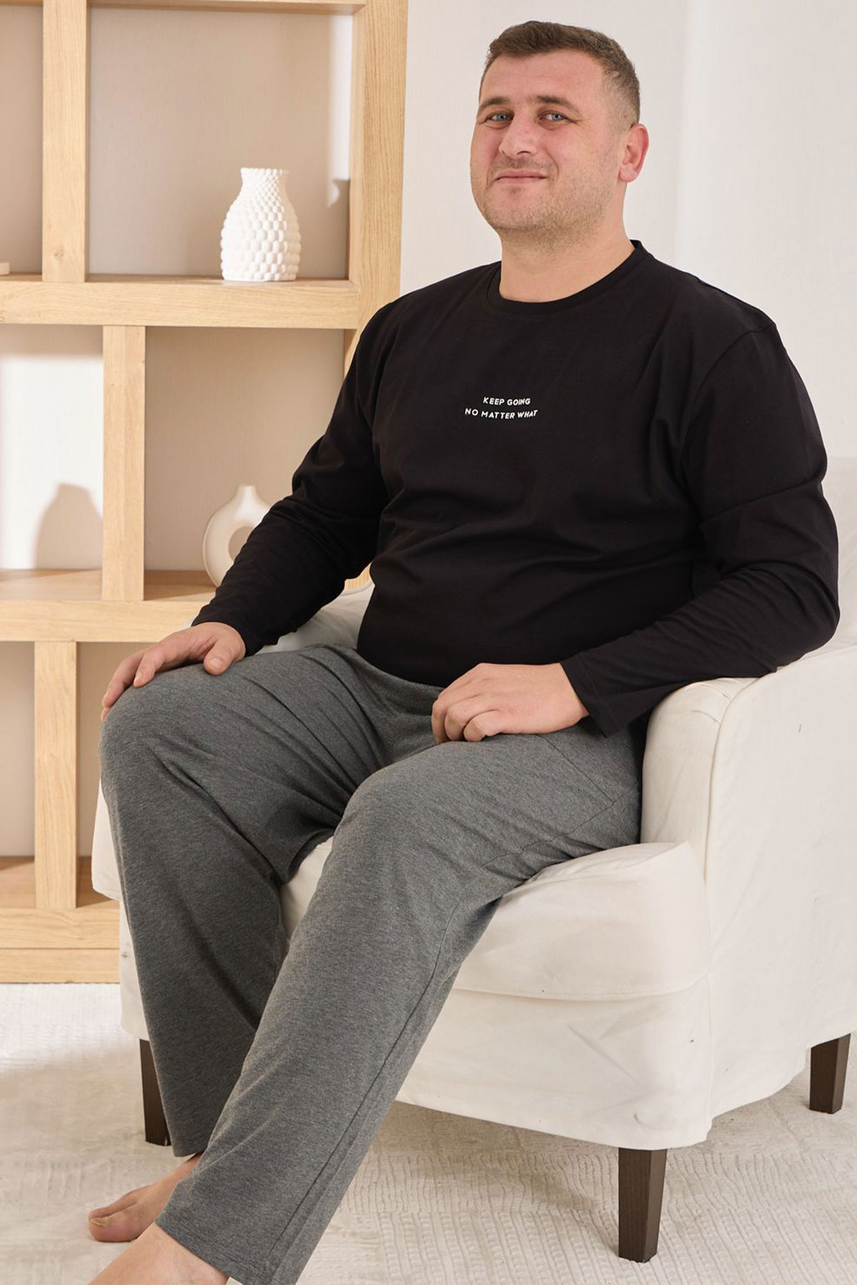 Pijaman Erkek Pijama Takımı Büyük Beden Uzun Kollu Bisiklet Yaka Pamuklu - Siyah - Thumbnail