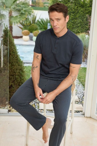 PİJAMAN - Pijaman Erkek Pijama Takımı Kısa Kollu 3 Düğmeli Pamuklu Alt Çizgili - Füme