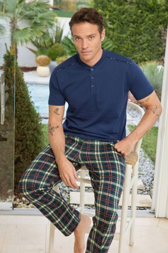 PİJAMAN - Pijaman Erkek Pijama Takımı Kısa Kollu 3 Düğmeli Pamuklu Alt Ekose - Lacivert