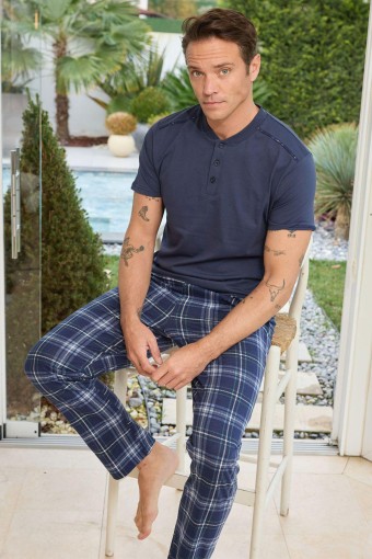 PİJAMAN - Pijaman Erkek Pijama Takımı Kısa Kollu 3 Düğmeli Pamuklu Alt Ekose - Lacivert