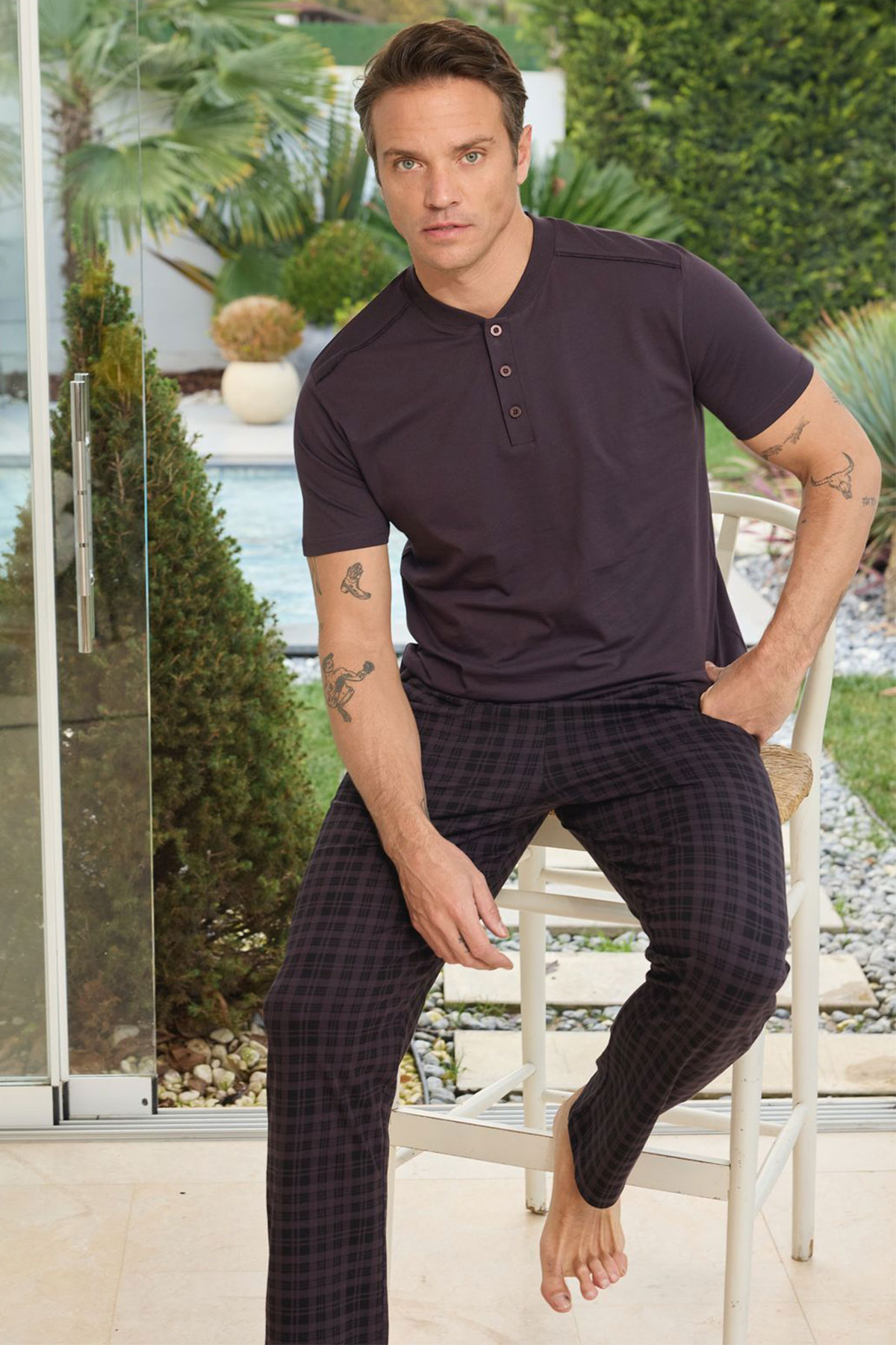 Pijaman Erkek Pijama Takımı Kısa Kollu 3 Düğmeli Pamuklu Alt Ekose - Mürdüm - Thumbnail