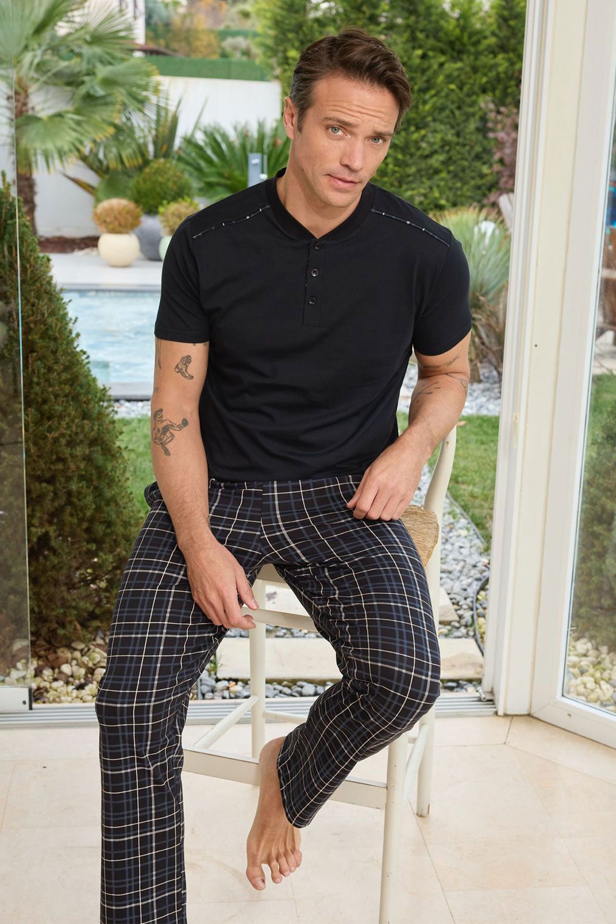 Pijaman Erkek Pijama Takımı Kısa Kollu 3 Düğmeli Pamuklu Alt Ekose - Siyah - Thumbnail