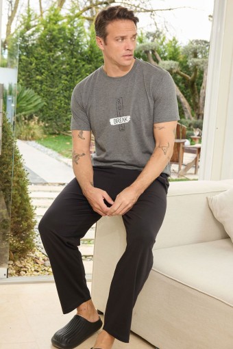 PİJAMAN - Pijaman Erkek Pijama Takımı Kısa Kollu Bisiklet Yaka Pamuklu Baskılı - Füme