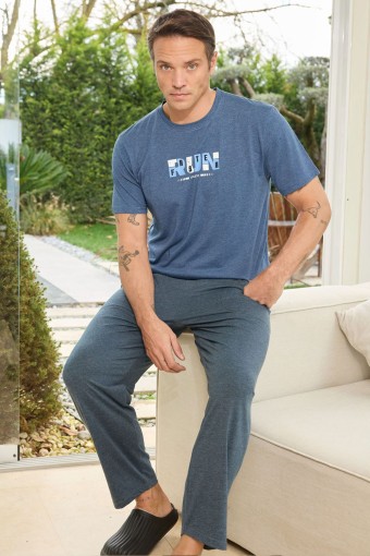 PİJAMAN - Pijaman Erkek Pijama Takımı Kısa Kollu Bisiklet Yaka Pamuklu Baskılı - Lacivert