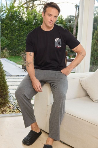 PİJAMAN - Pijaman Erkek Pijama Takımı Kısa Kollu Bisiklet Yaka Pamuklu Baskılı - Siyah