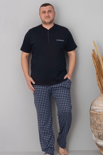 PİJAMAN - Pjm Erkek Pijama Takımı Kısa Kollu Düğmeli Ekose Büyük Beden - Lacivert