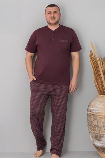 PİJAMAN - Pjm Erkek Pijama Takımı Kısa Kollu Düğmeli Ekose Büyük Beden - Mürdüm