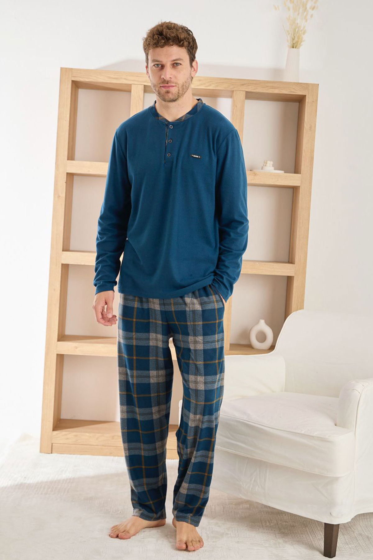 Pijaman Erkek Pijama Takımı Uzun Kollu 3 Düğmeli Microsfot Alt Ekose Desenli - Petrol Mavisi - Thumbnail