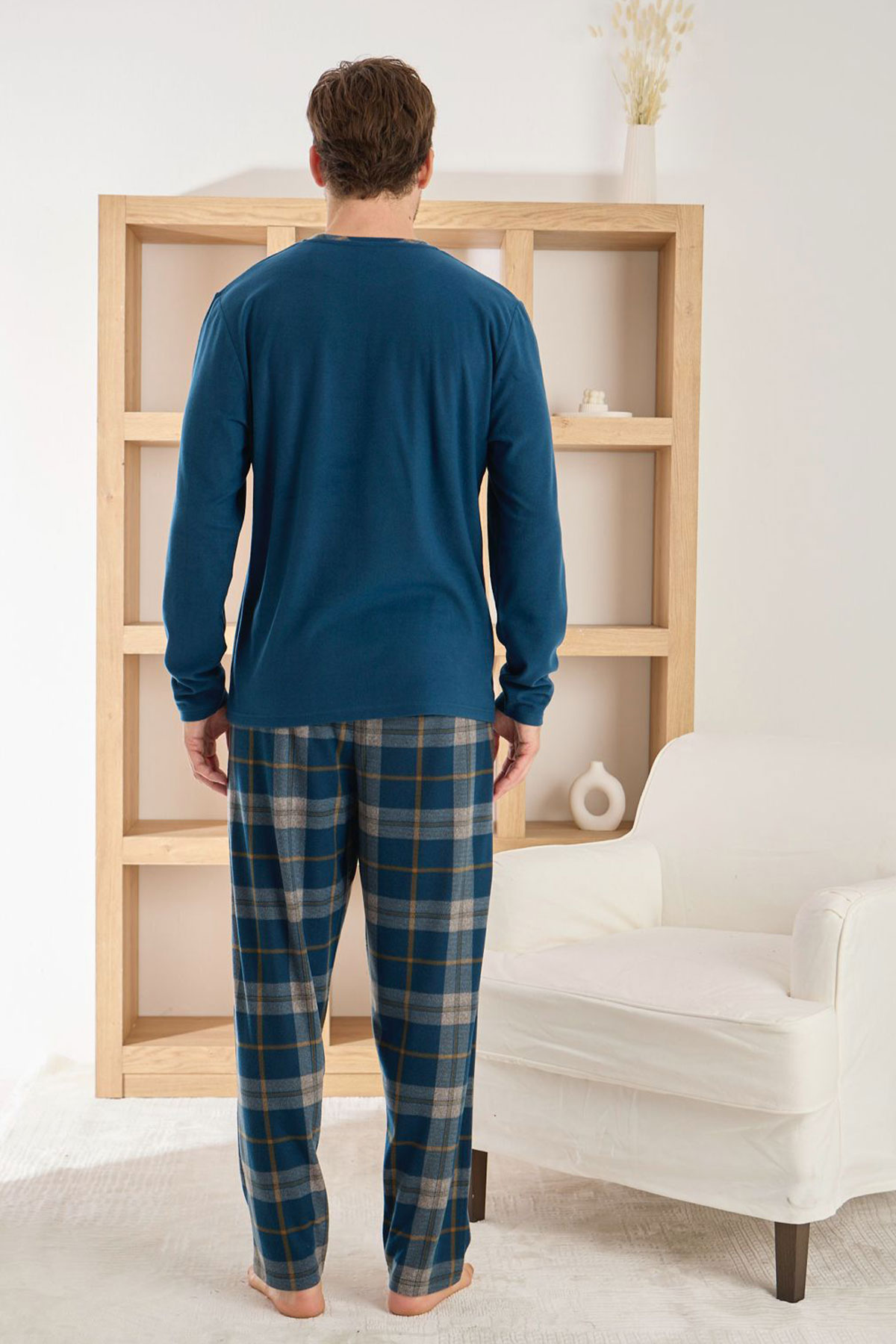 Pijaman Erkek Pijama Takımı Uzun Kollu 3 Düğmeli Microsfot Alt Ekose Desenli - Petrol Mavisi - Thumbnail