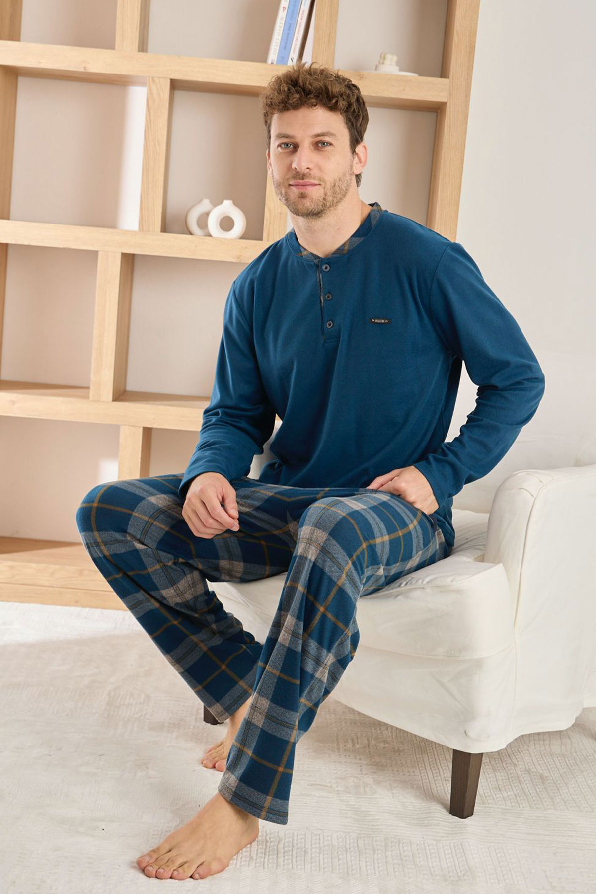 Pijaman Erkek Pijama Takımı Uzun Kollu 3 Düğmeli Microsfot Alt Ekose Desenli - Petrol Mavisi - Thumbnail