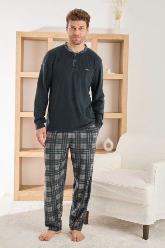 PİJAMAN - Pijaman Erkek Pijama Takımı Uzun Kollu 3 Düğmeli Microsfot Alt Ekose Desenli - Siyah