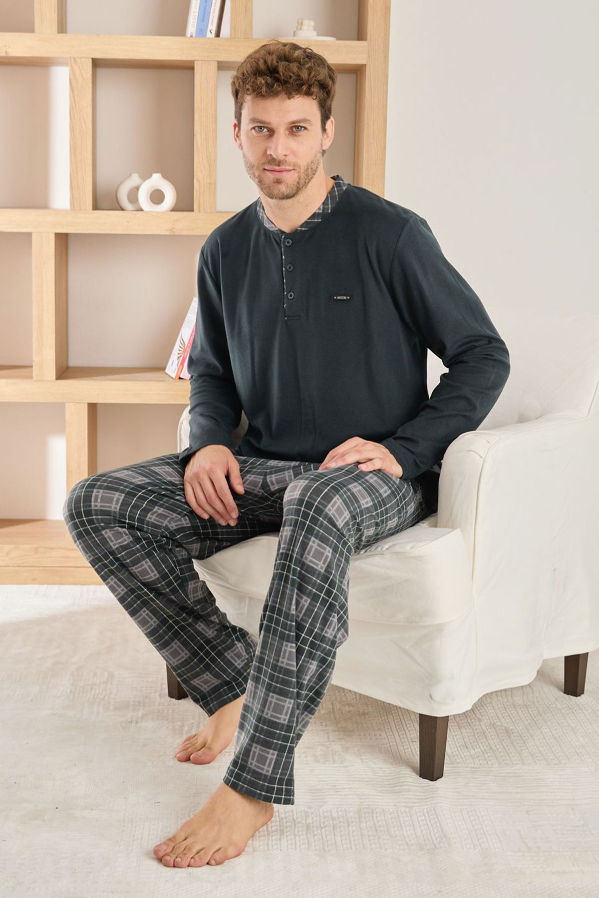 Pijaman Erkek Pijama Takımı Uzun Kollu 3 Düğmeli Microsfot Alt Ekose Desenli - Siyah - Thumbnail