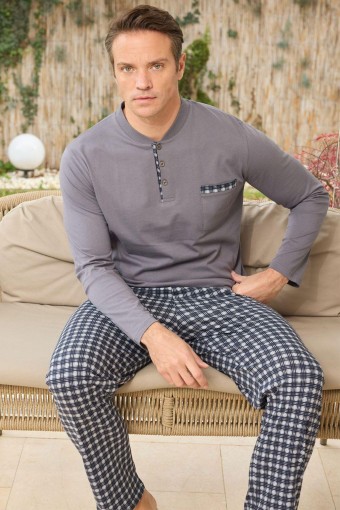 PİJAMAN - Pijaman Erkek Pijama Takımı Uzun Kollu 3 Düğmeli Pamuklu Alt Ekose - Füme