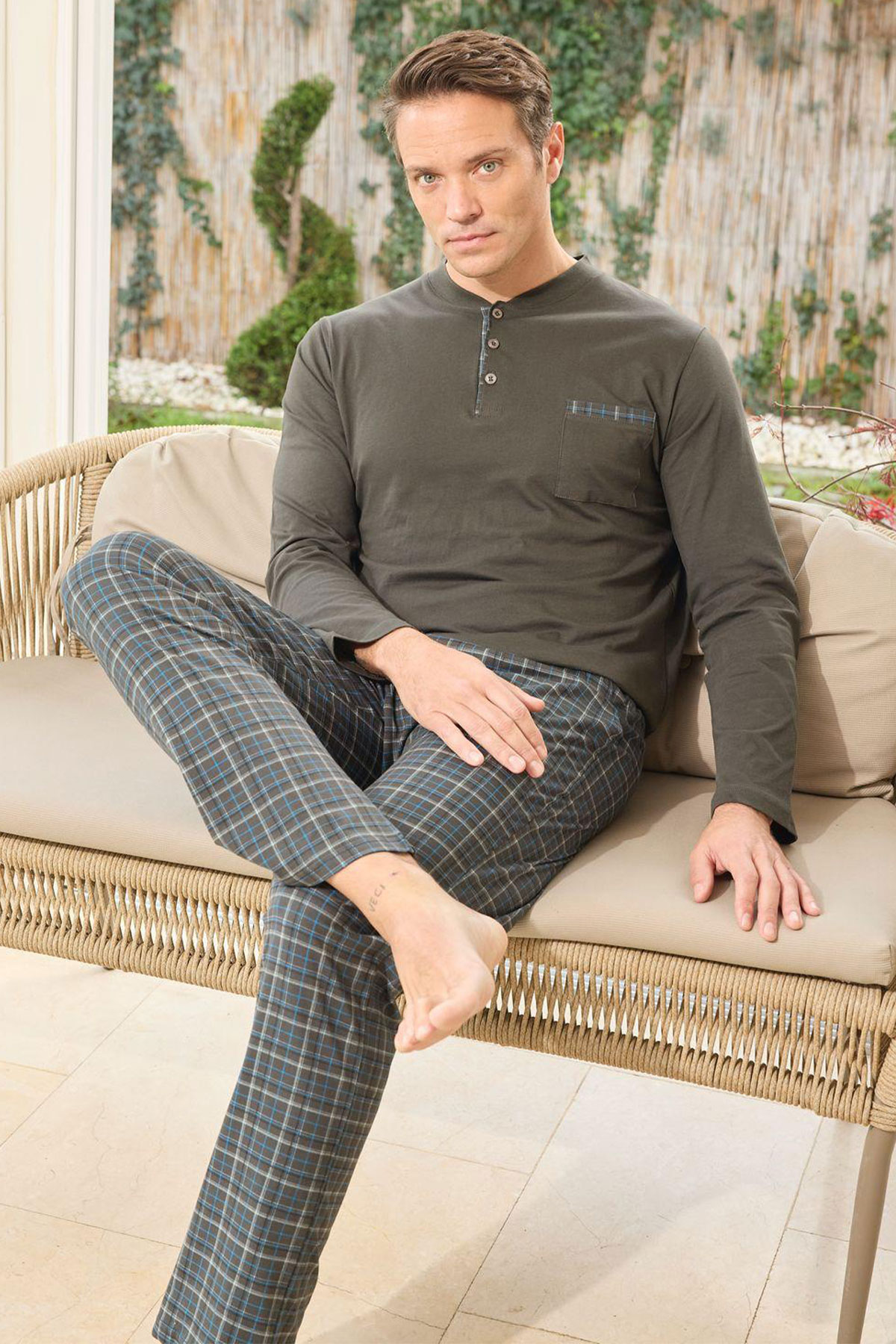 Pijaman Erkek Pijama Takımı Uzun Kollu 3 Düğmeli Pamuklu Alt Ekose - Haki Yeşili - Thumbnail