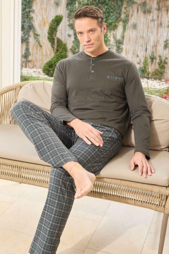 PİJAMAN - Pijaman Erkek Pijama Takımı Uzun Kollu 3 Düğmeli Pamuklu Alt Ekose - Haki Yeşili