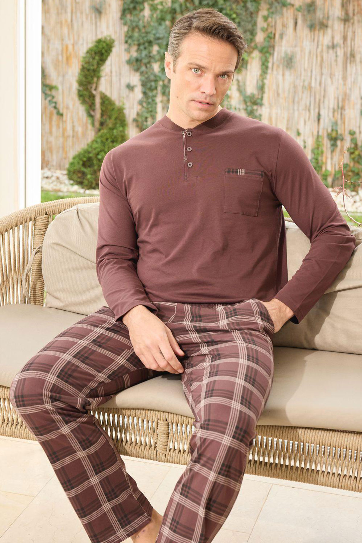 Pijaman Erkek Pijama Takımı Uzun Kollu 3 Düğmeli Pamuklu Alt Ekose - Kahverengi - Thumbnail