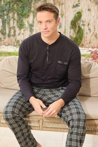 PİJAMAN - Pijaman Erkek Pijama Takımı Uzun Kollu 3 Düğmeli Pamuklu Alt Ekose - Siyah