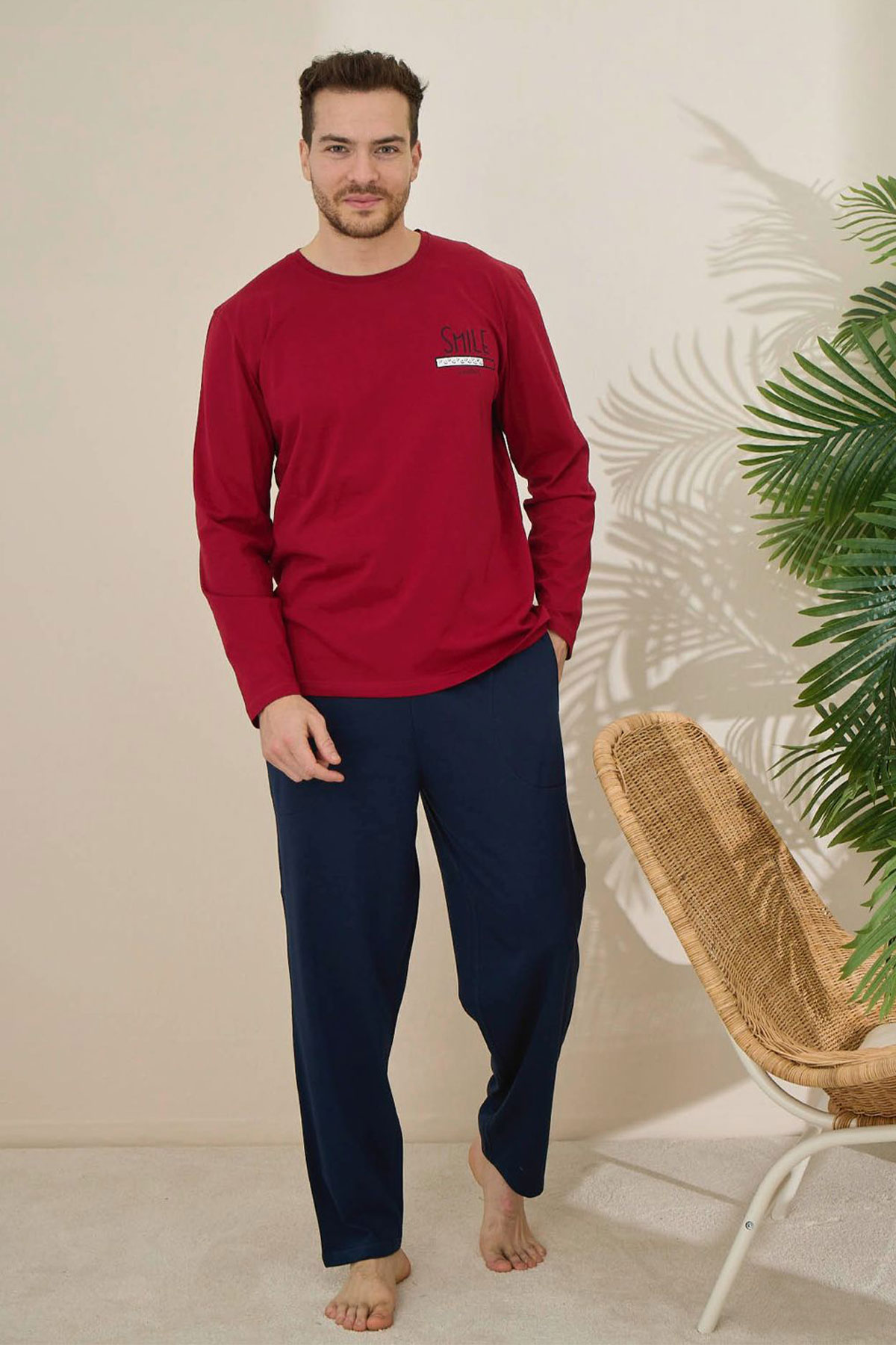 Pijaman Erkek Pijama Takımı Uzun Kollu Bisiklet Yaka Pamuklu - Bordo - Thumbnail