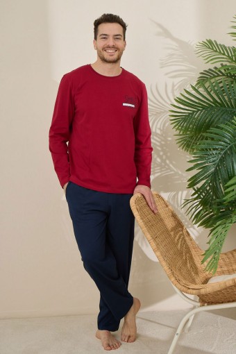 PİJAMAN - Pijaman Erkek Pijama Takımı Uzun Kollu Bisiklet Yaka Pamuklu - Bordo (1)