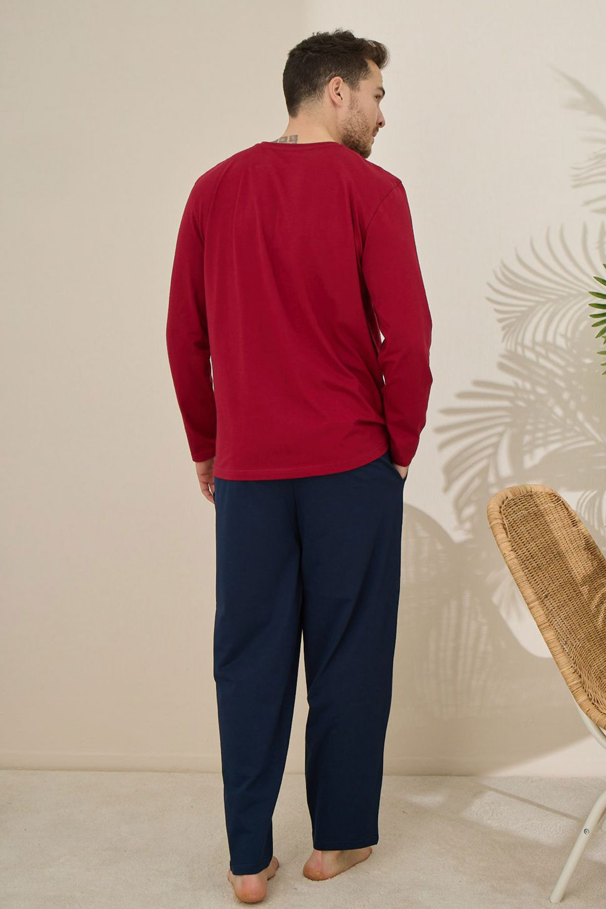 Pijaman Erkek Pijama Takımı Uzun Kollu Bisiklet Yaka Pamuklu - Bordo - Thumbnail