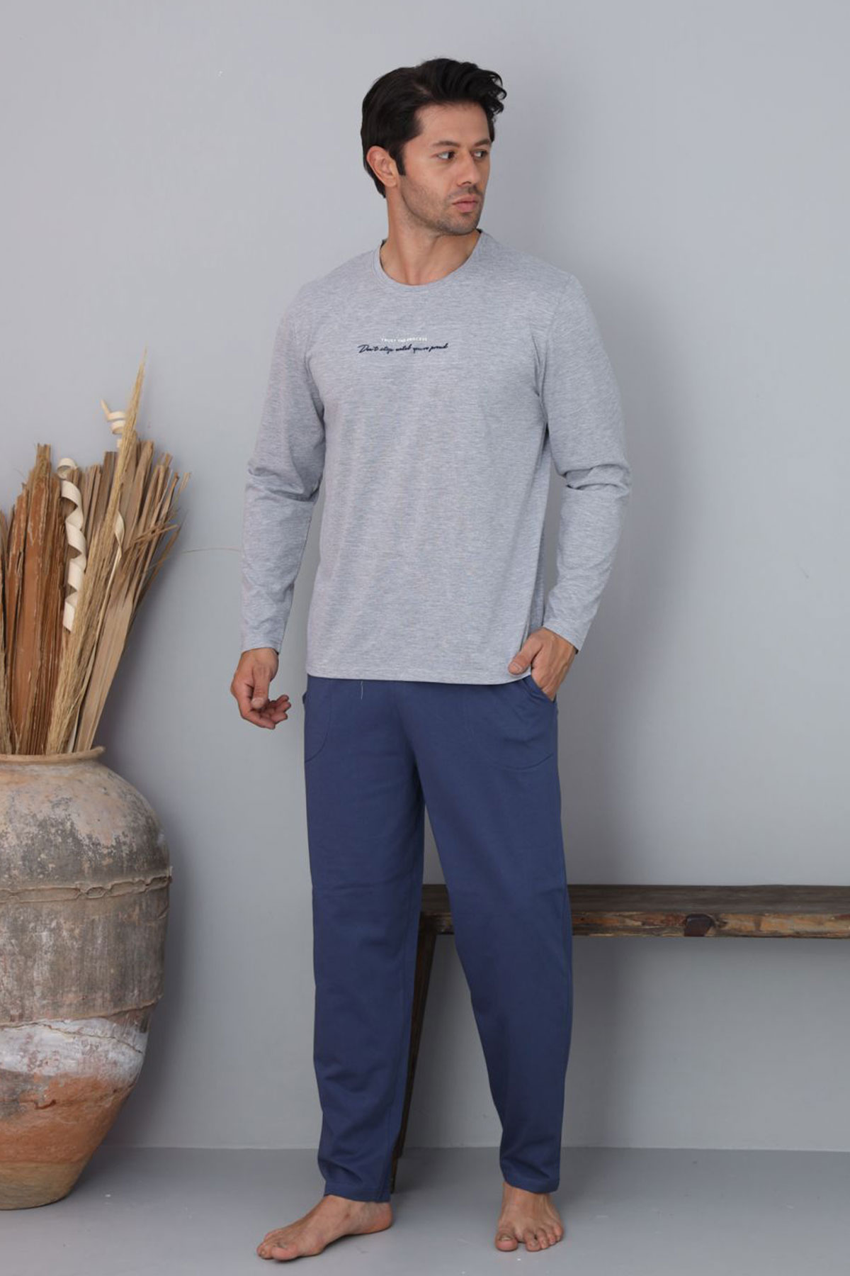 Pijaman Erkek Pijama Takımı Uzun Kollu Bisiklet Yaka Pamuklu - Gri - Thumbnail