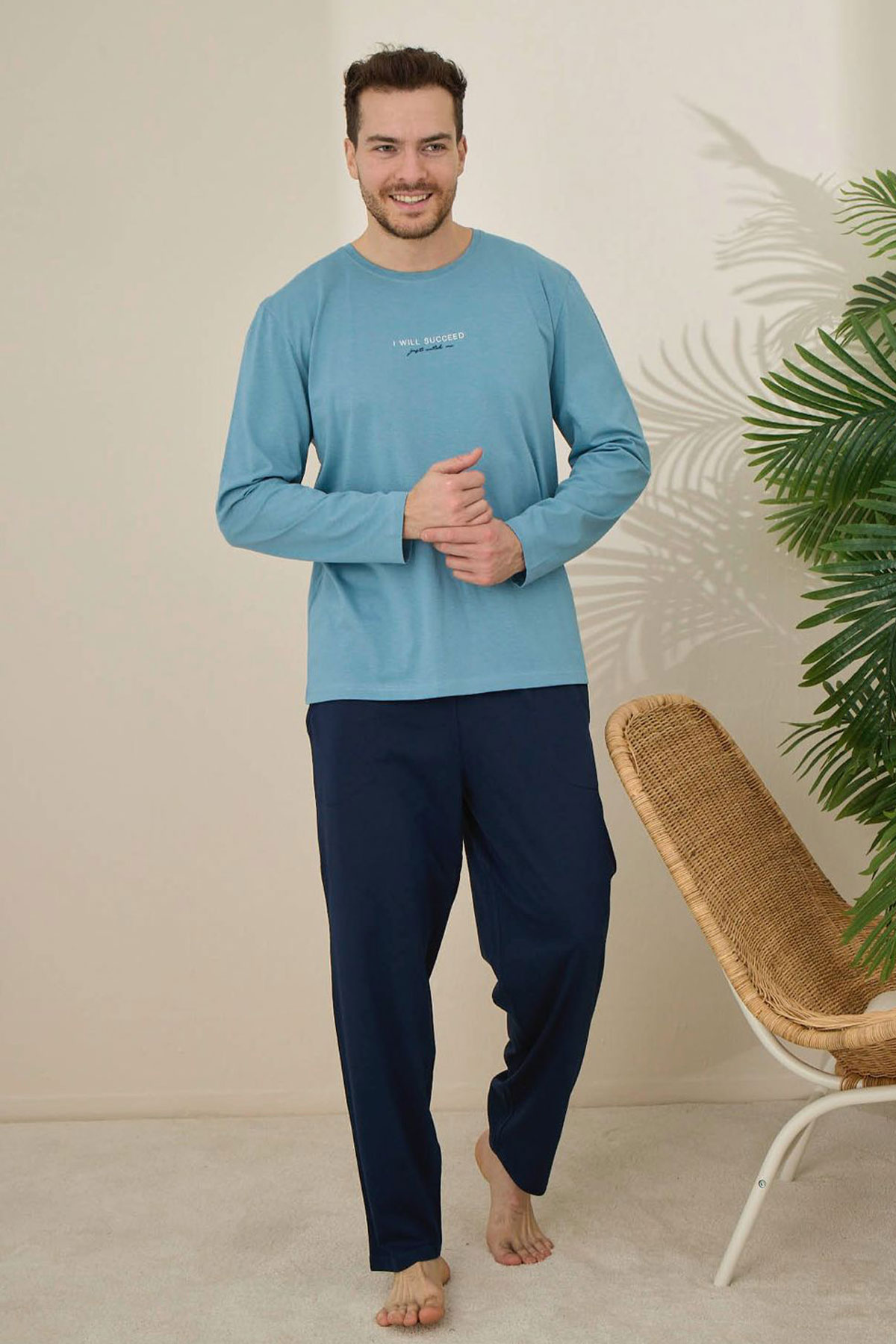 Pijaman Erkek Pijama Takımı Uzun Kollu Bisiklet Yaka Pamuklu - Mavi - Thumbnail