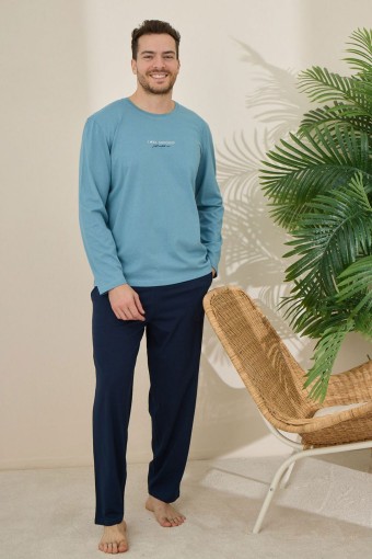 PİJAMAN - Pijaman Erkek Pijama Takımı Uzun Kollu Bisiklet Yaka Pamuklu - Mavi (1)
