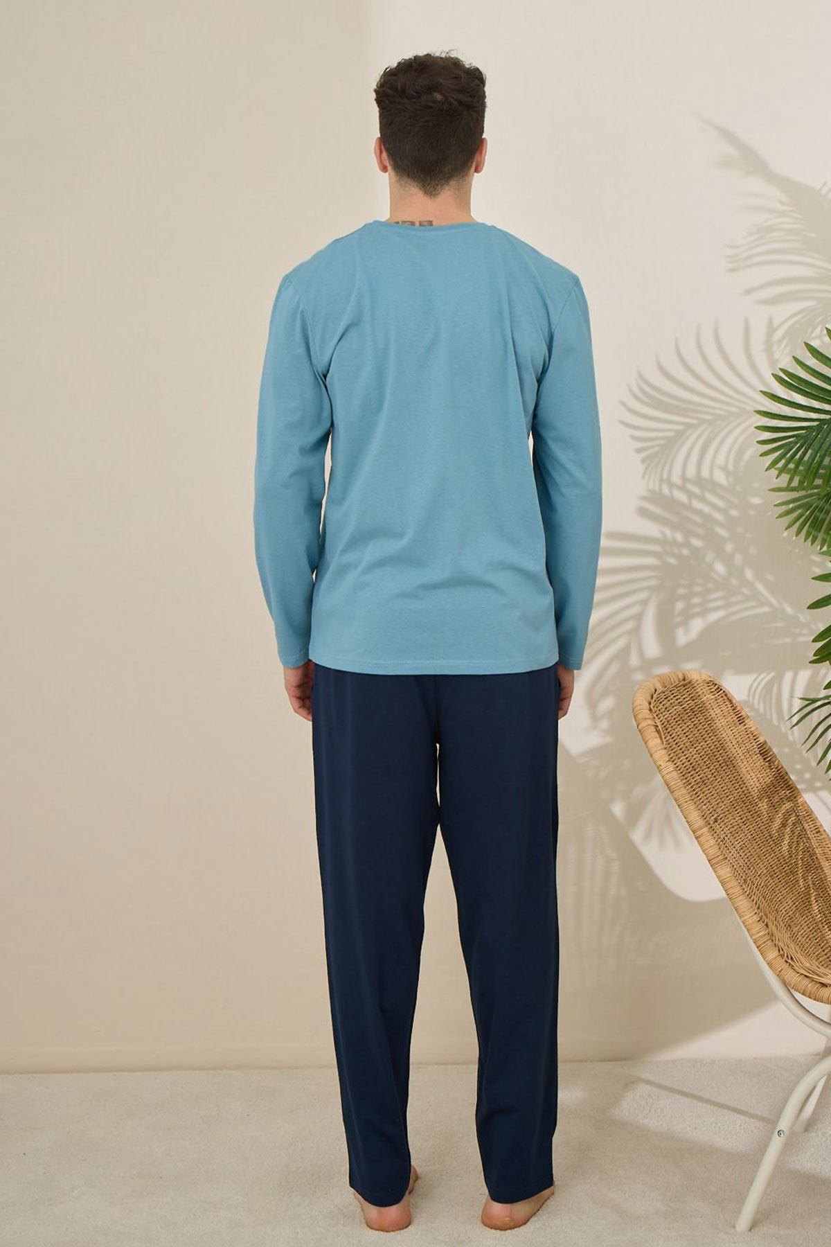 Pijaman Erkek Pijama Takımı Uzun Kollu Bisiklet Yaka Pamuklu - Mavi - Thumbnail