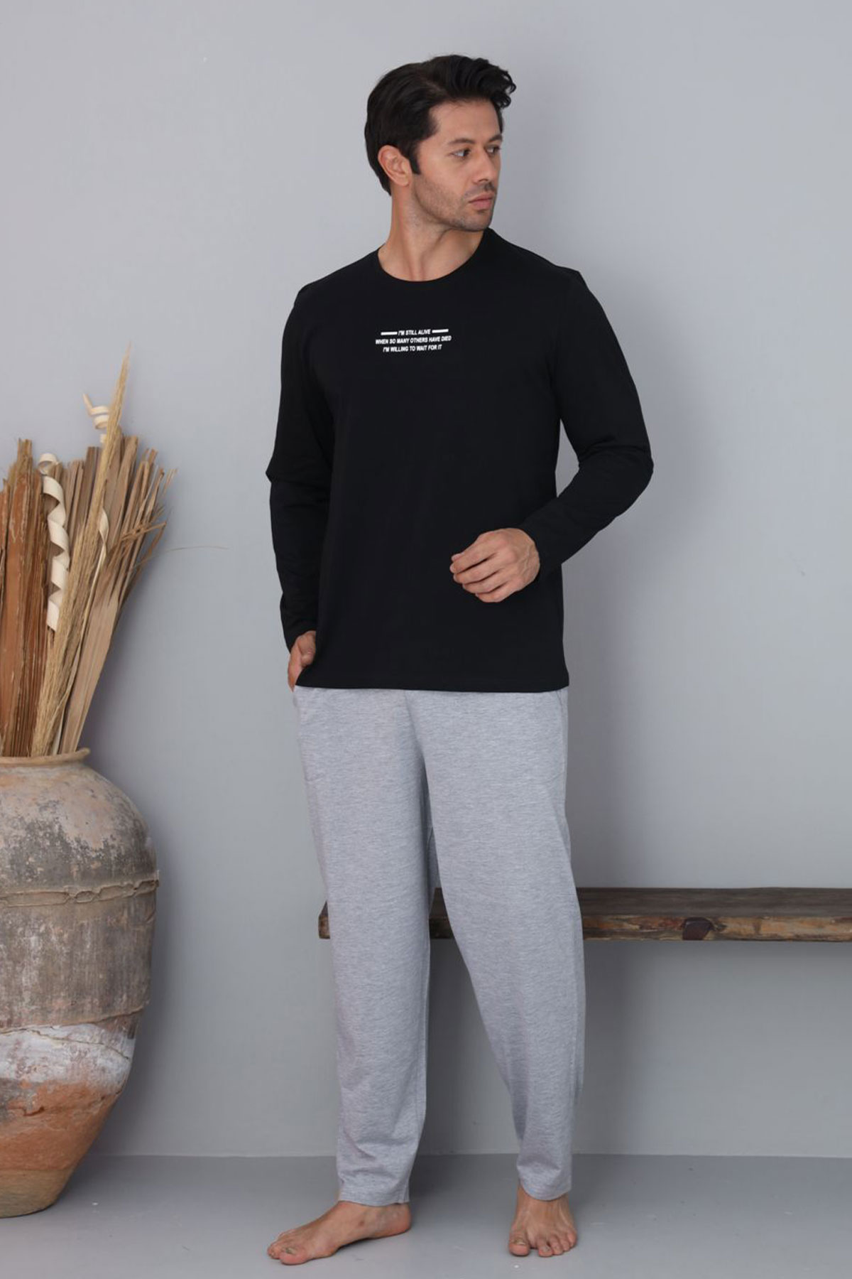 Pijaman Erkek Pijama Takımı Uzun Kollu Bisiklet Yaka Pamuklu - Siyah - Thumbnail