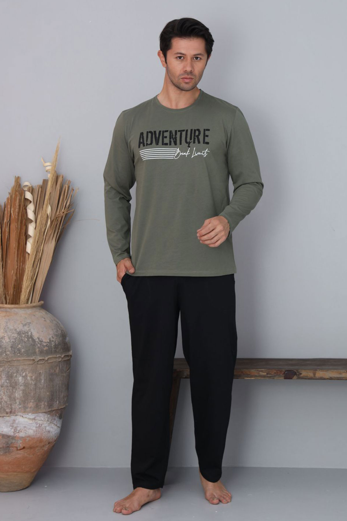 Pijaman Erkek Pijama Takımı Uzun Kollu Bisiklet Yaka Pamuklu - Yeşil - Thumbnail