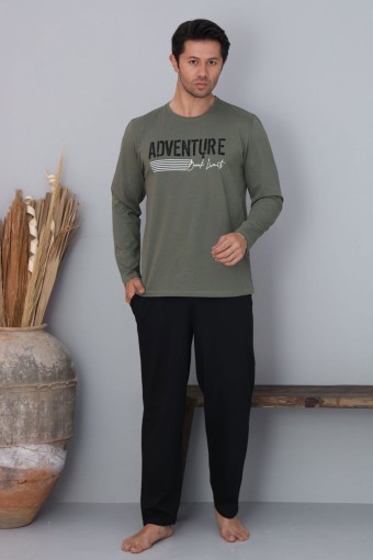 PİJAMAN - Pijaman Erkek Pijama Takımı Uzun Kollu Bisiklet Yaka Pamuklu - Yeşil