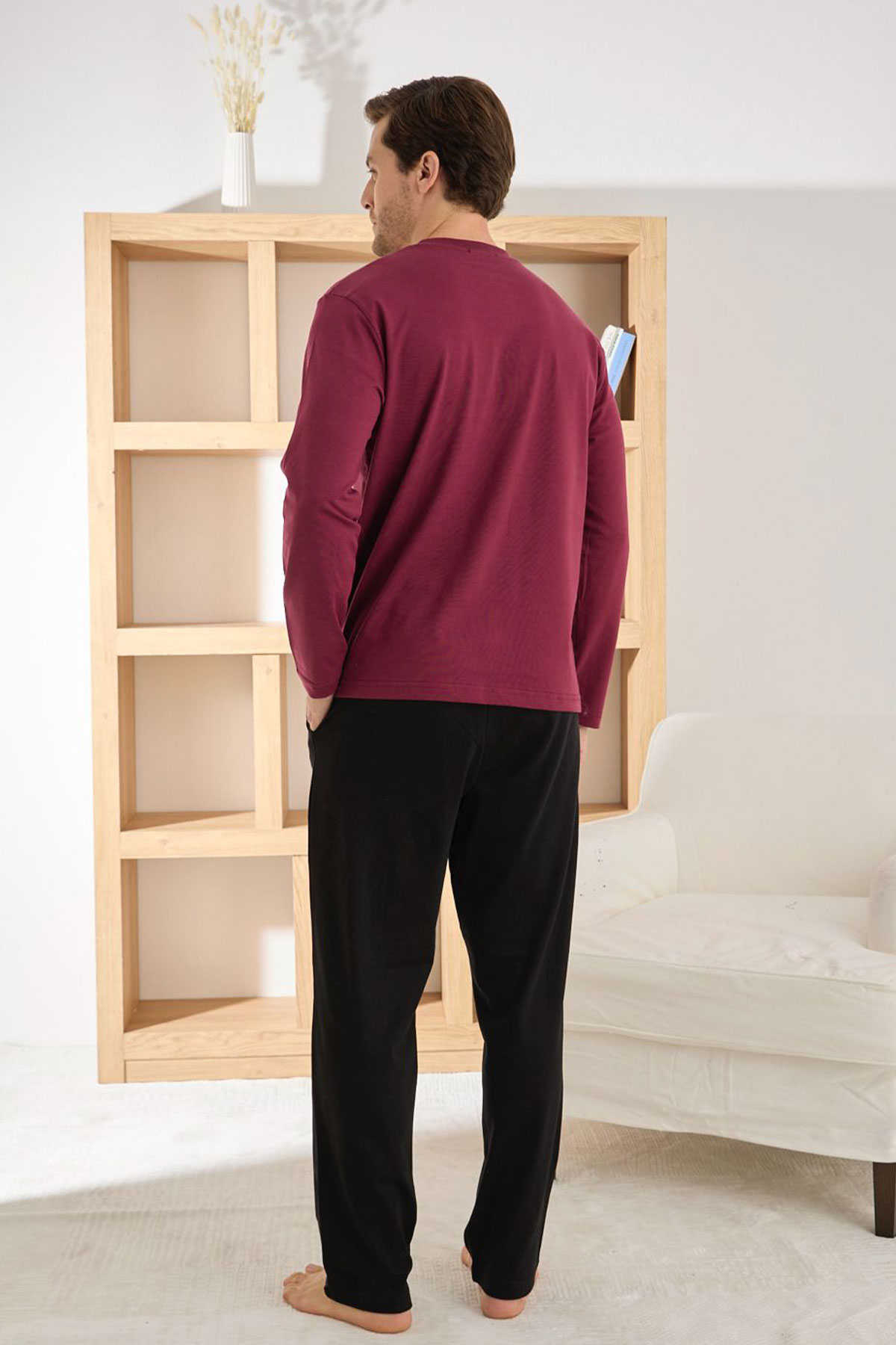 Pijaman Erkek Pijama Takımı Uzun Kollu Düğmeli Omuz Biyeli Pamuklu - Bordo - Thumbnail