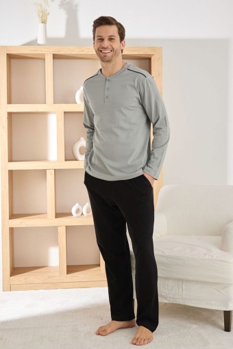 PİJAMAN - Pijaman Erkek Pijama Takımı Uzun Kollu Düğmeli Omuz Biyeli Pamuklu - Gri