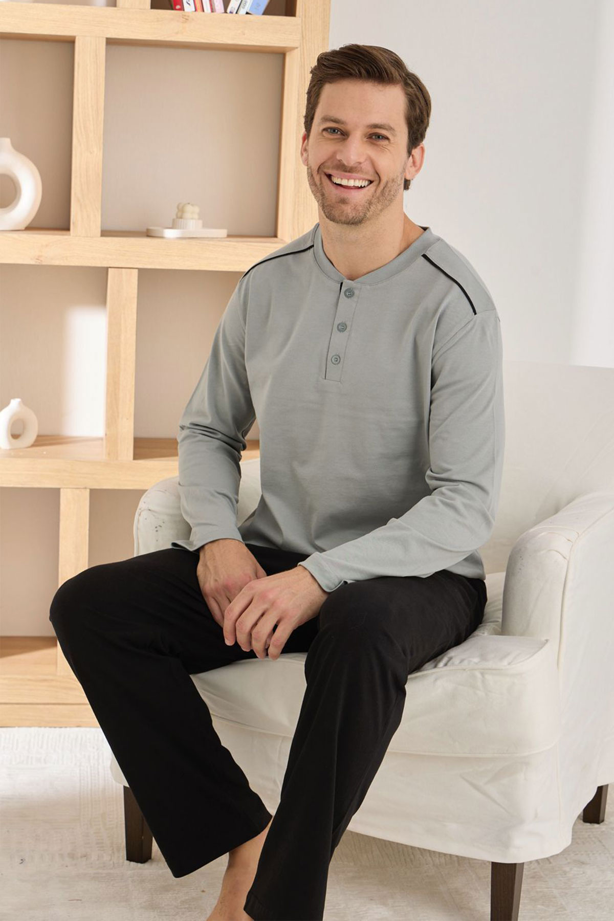 Pijaman Erkek Pijama Takımı Uzun Kollu Düğmeli Omuz Biyeli Pamuklu - Gri - Thumbnail