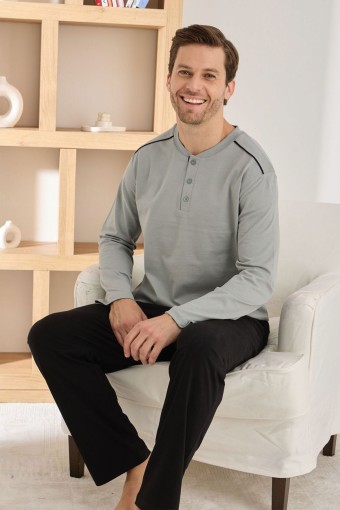 PİJAMAN - Pijaman Erkek Pijama Takımı Uzun Kollu Düğmeli Omuz Biyeli Pamuklu - Gri (1)