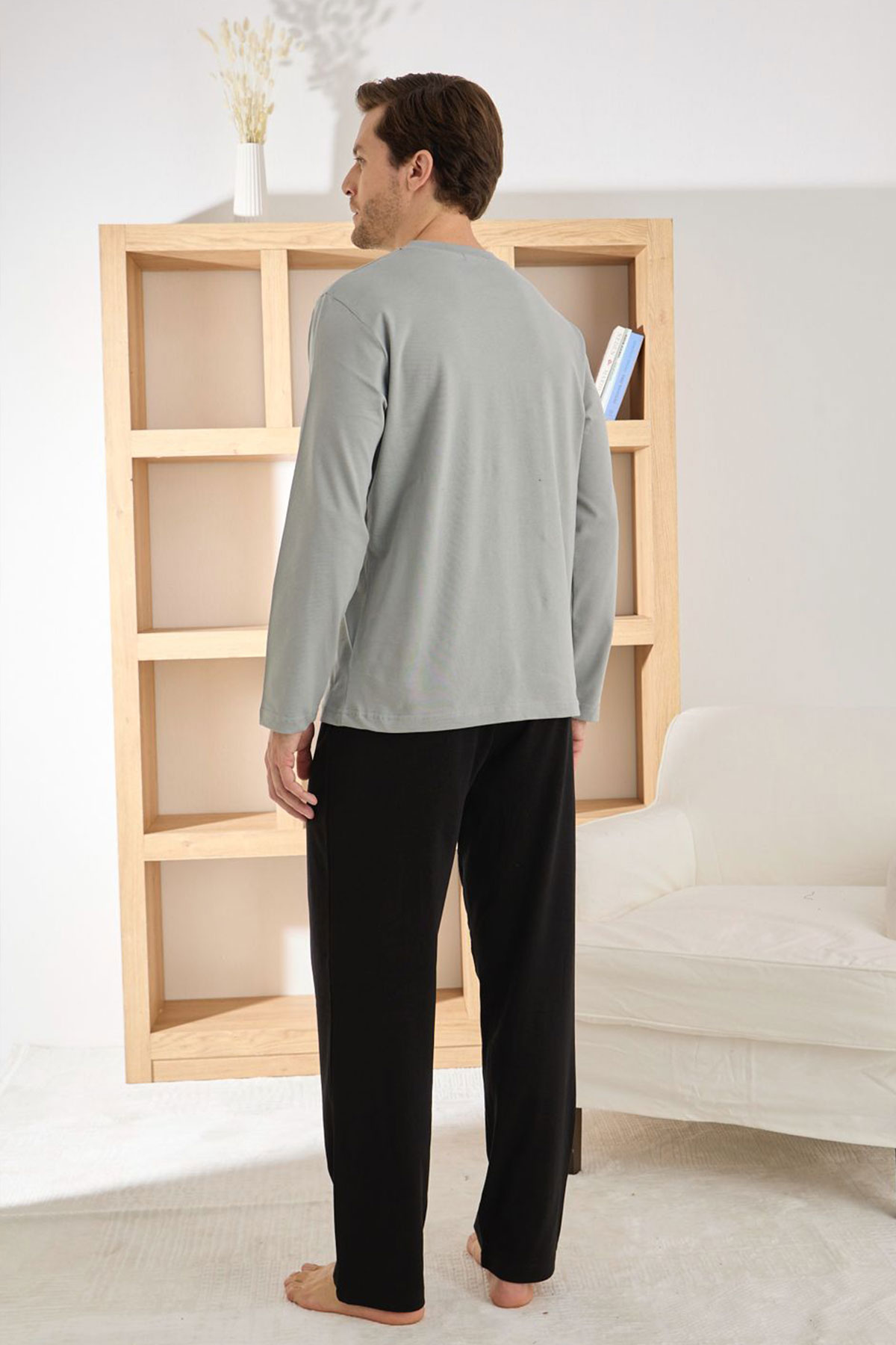 Pijaman Erkek Pijama Takımı Uzun Kollu Düğmeli Omuz Biyeli Pamuklu - Gri - Thumbnail