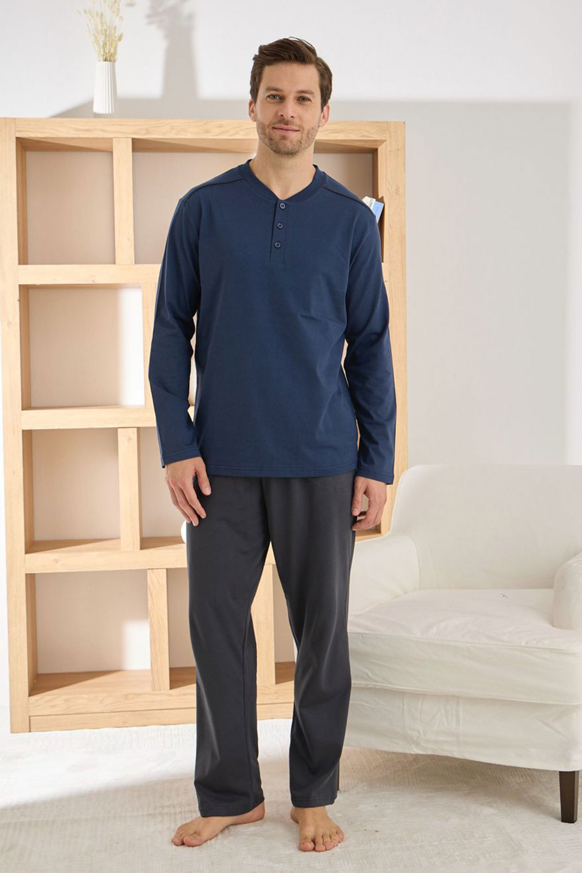 Pijaman Erkek Pijama Takımı Uzun Kollu Düğmeli Omuz Biyeli Pamuklu - Lacivert - Thumbnail