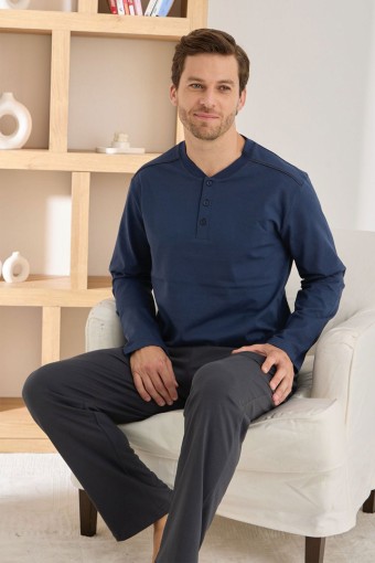 PİJAMAN - Pijaman Erkek Pijama Takımı Uzun Kollu Düğmeli Omuz Biyeli Pamuklu - Lacivert (1)