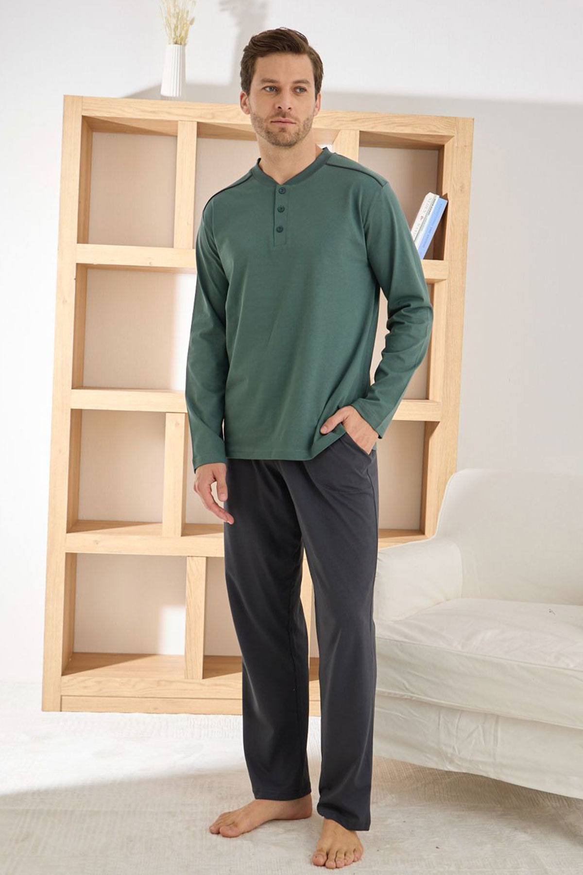 Pijaman Erkek Pijama Takımı Uzun Kollu Düğmeli Omuz Biyeli Pamuklu - Yeşil - Thumbnail